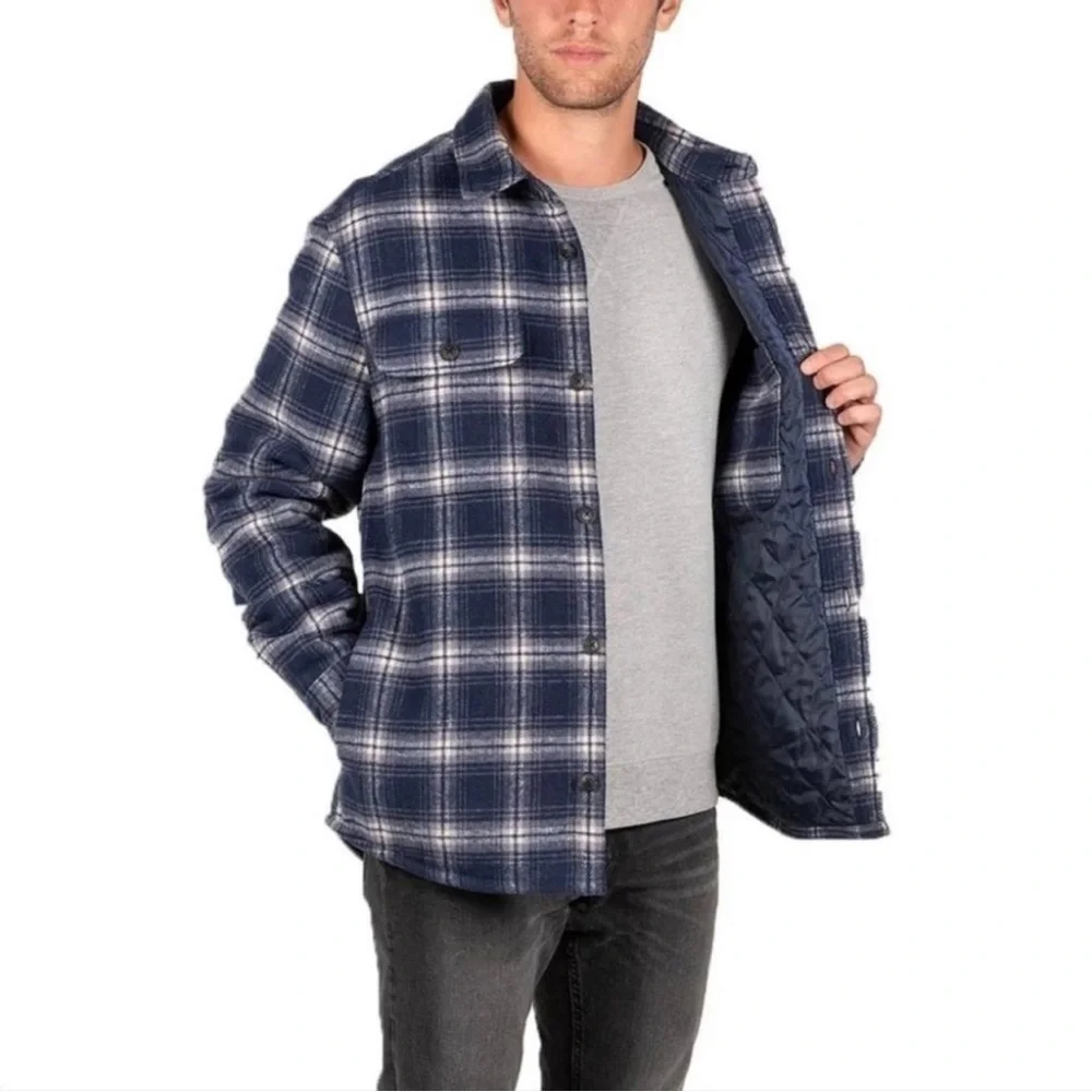 JACHS Men's Plaid Thick Quilted Blue Shirt Jacket Wool Blend Lumberjack Layering